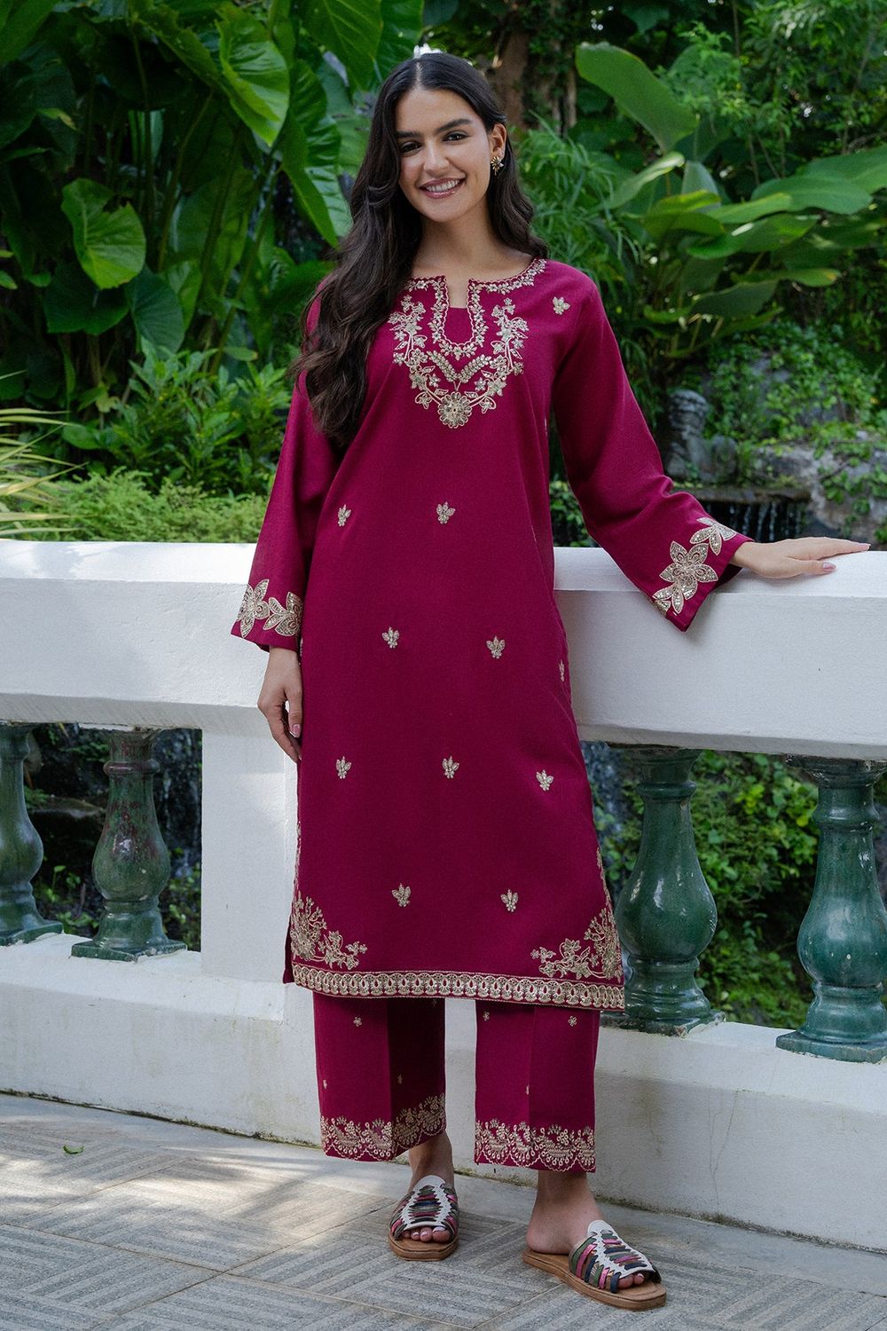 Maroon Embroidered Khaddar Straight Kurta Set Online in Dubai UAE Abudhabi Ajman Sharjah
