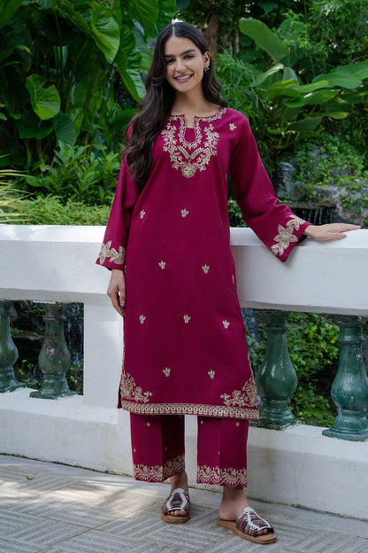 Maroon Embroidered Khaddar Straight Kurta Set Online in Dubai UAE Abudhabi Ajman Sharjah