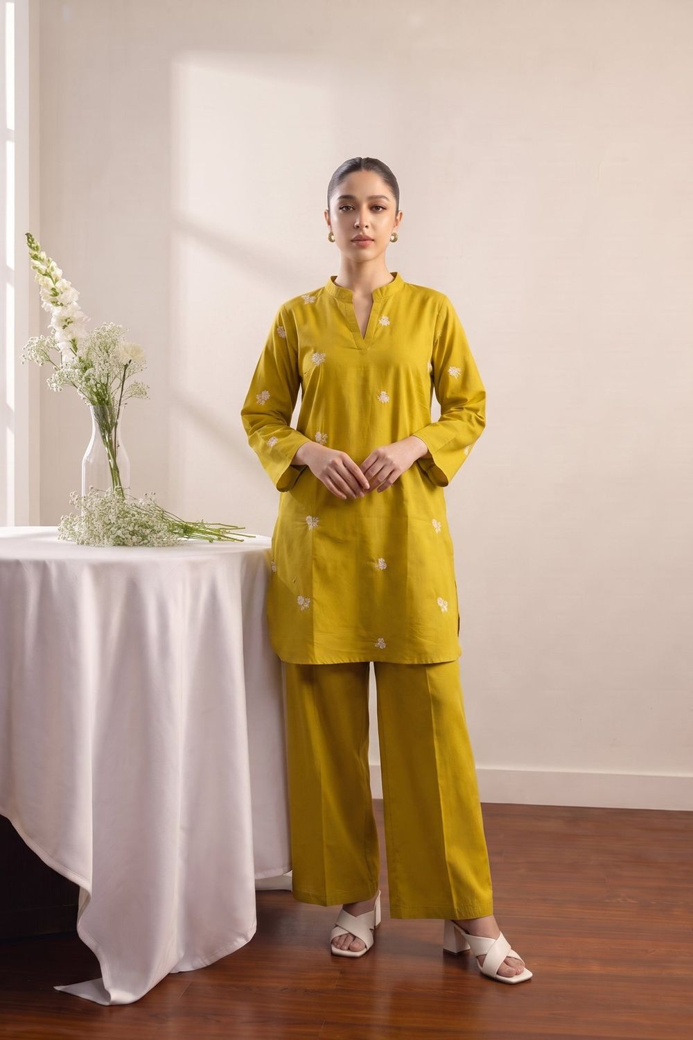Mustard Embroidered Lawn Kurta Set Online in Dubai UAE Abudhabi Ajman Sharjah
