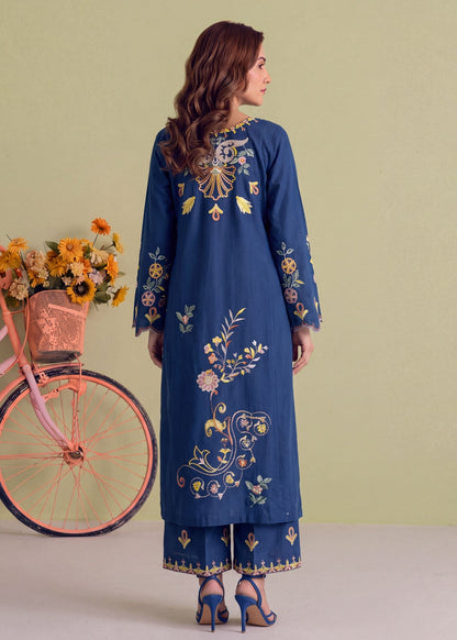 Sapphire Blue Cotton Embroidered Kurta Set Online in KSA Riyadh Saudi Arabia Oman Bahrain Qatar