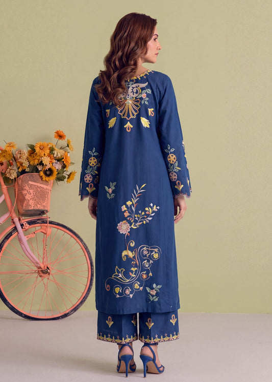 Sapphire Blue Cotton Embroidered Kurta Set Online in KSA Riyadh Saudi Arabia Oman Bahrain Qatar