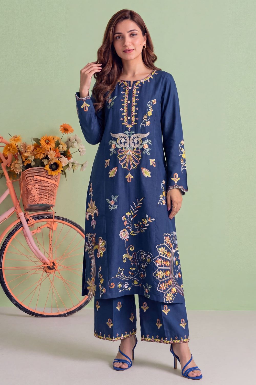 Sapphire Blue Embroidered Cotton Kurta Set Online in Dubai UAE Abudhabi Ajman Sharjah