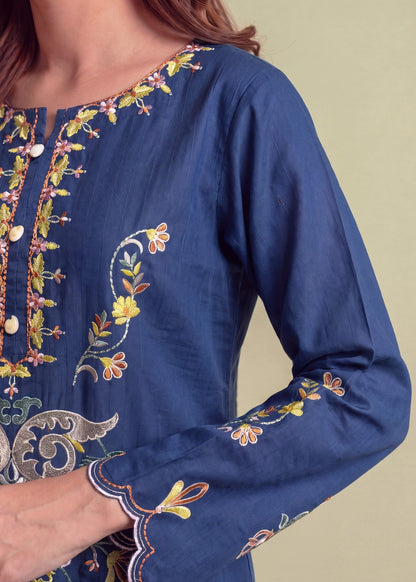 Sapphire Blue Embroidered Cotton Kurta Set Online in UK USA Canada