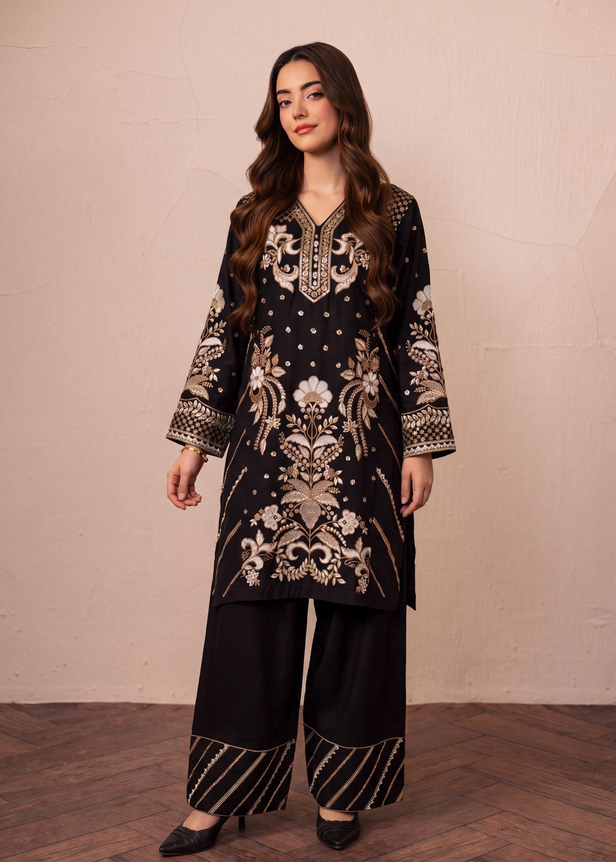Straight Cut Black Dhanak Kurta Set Online in Dubai UAE Abudhabi Ajman Sharjah