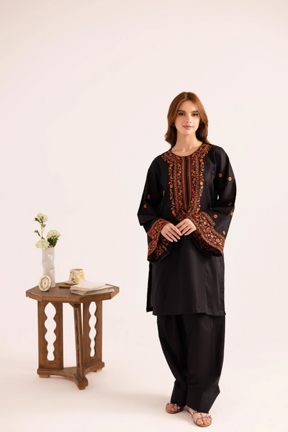 Black Embroidered Lawn Farshi Shalwar Kurta Set Online in Dubai UAE Abudhabi Ajman Sharjah