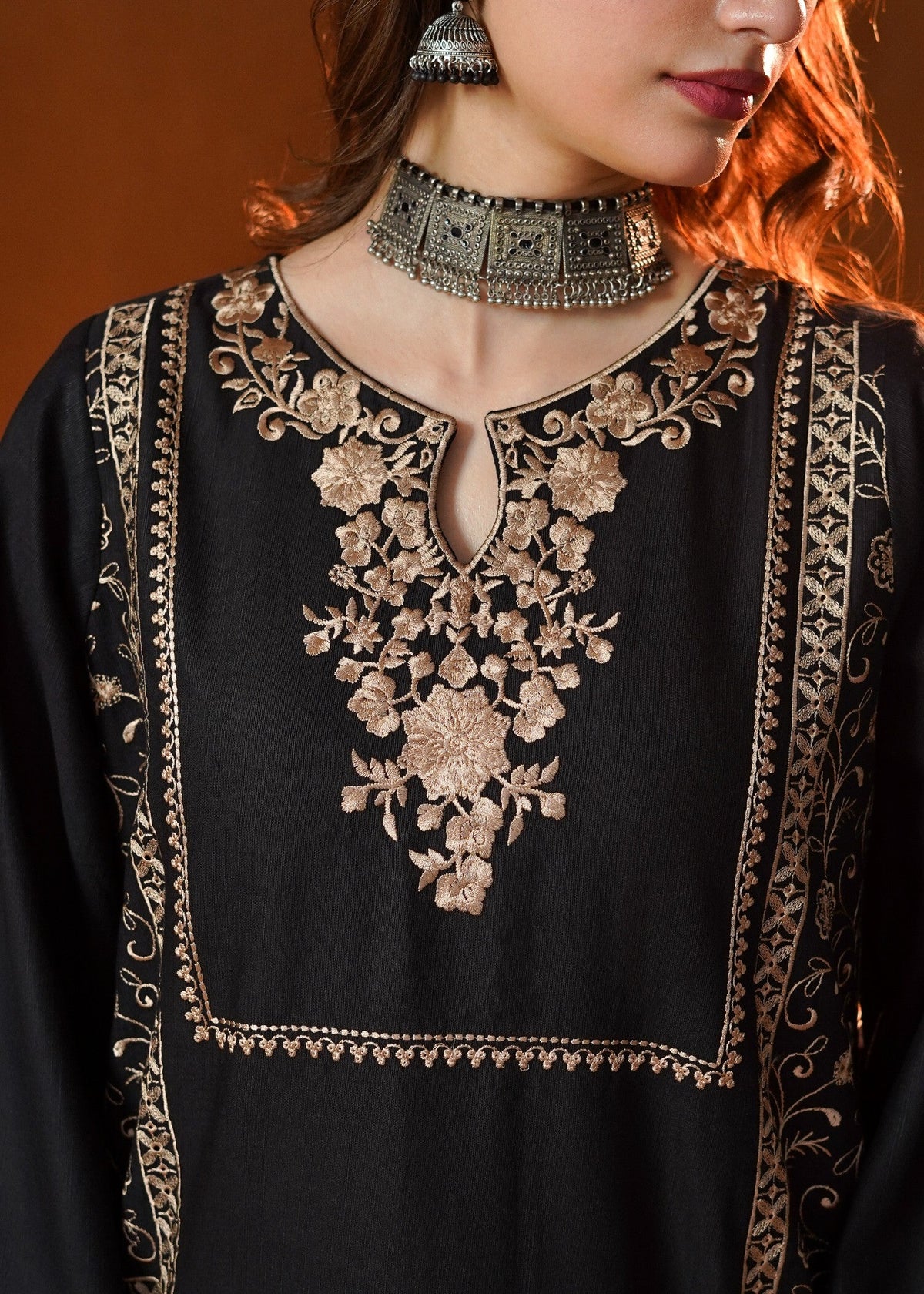 Black Embroidered Khaddar Kurta Set Online in Dubai DXB UAE Abudhabi Meena Bazaar