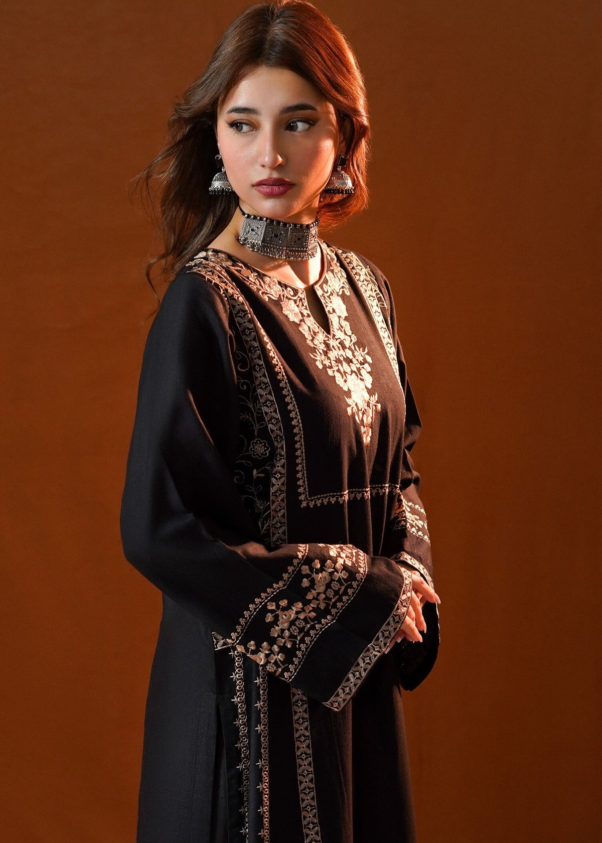Black Embroidered Khaddar Kurta Set Online in Dubai DXB UAE Abudhabi Meena Bazaar