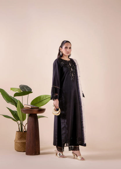 Black Silk Embroidered Salwar Kameez Online in KSA Riyadh Saudi Arabia Oman Bahrain Qatar