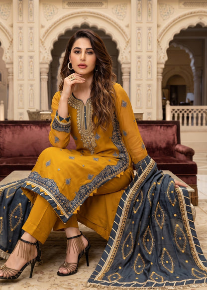 3 Piece Chiffon Salwar Kameez with Raw Silk Trouser Online in KSA Riyadh Saudi Arabia Oman Bahrain Qatar