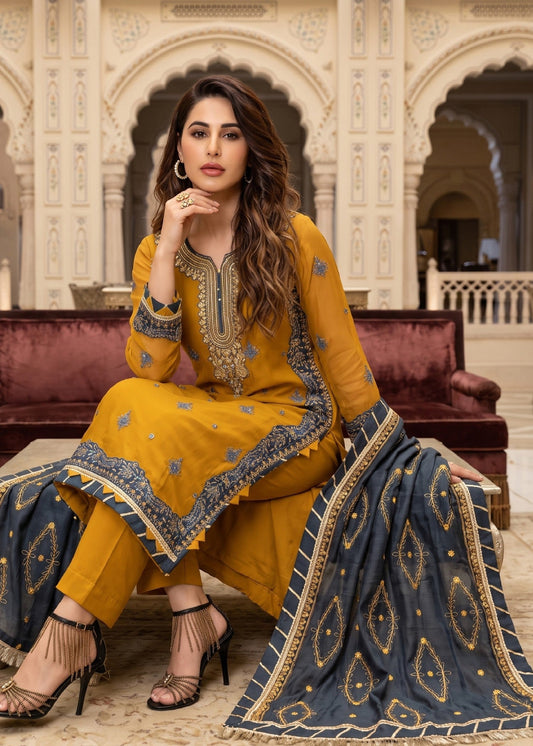 3 Piece Chiffon Salwar Kameez with Raw Silk Trouser Online in KSA Riyadh Saudi Arabia Oman Bahrain Qatar