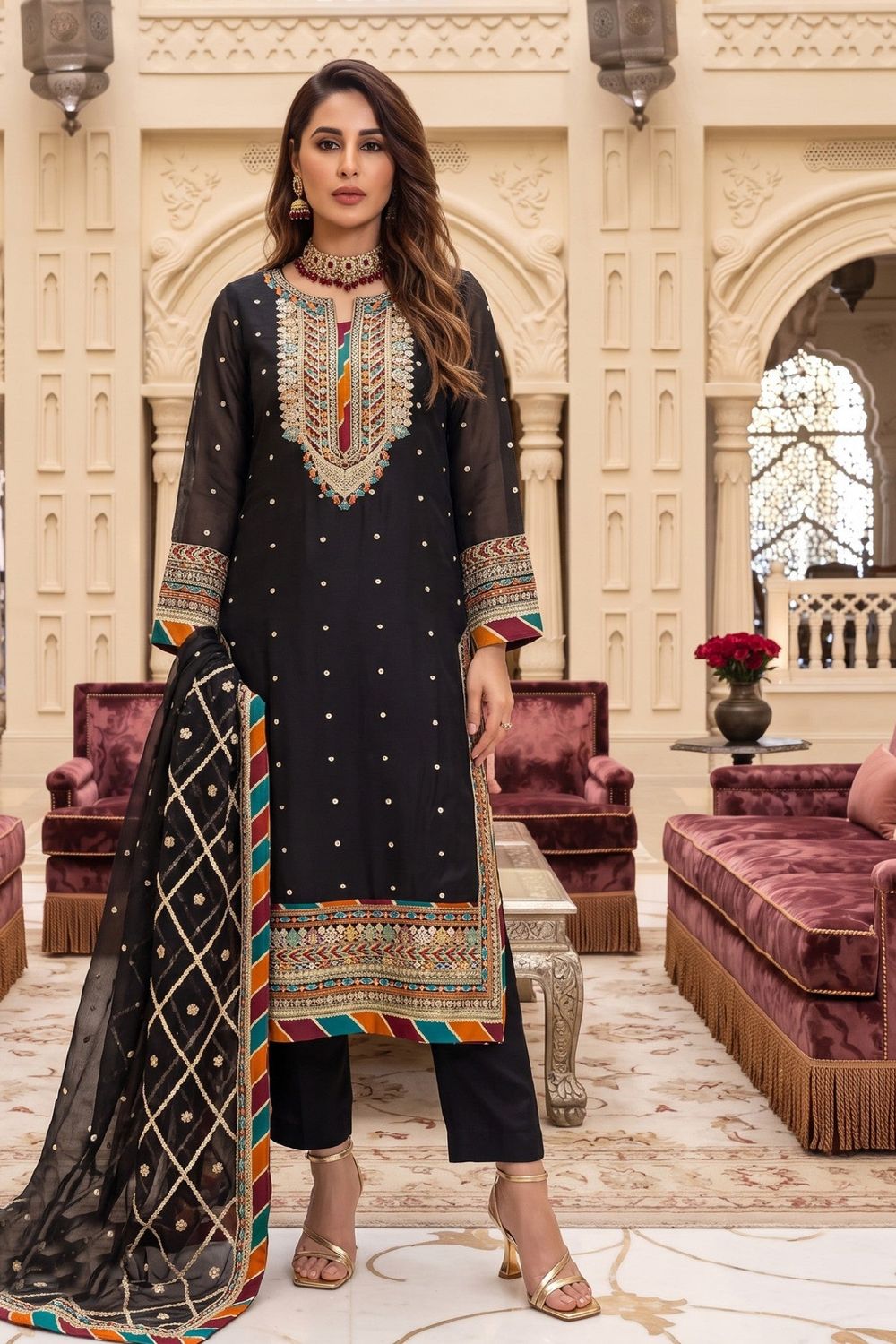 Black Embroidered Chiffon Partywear Suit Online in Dubai UAE Abudhabi Ajman Sharjah