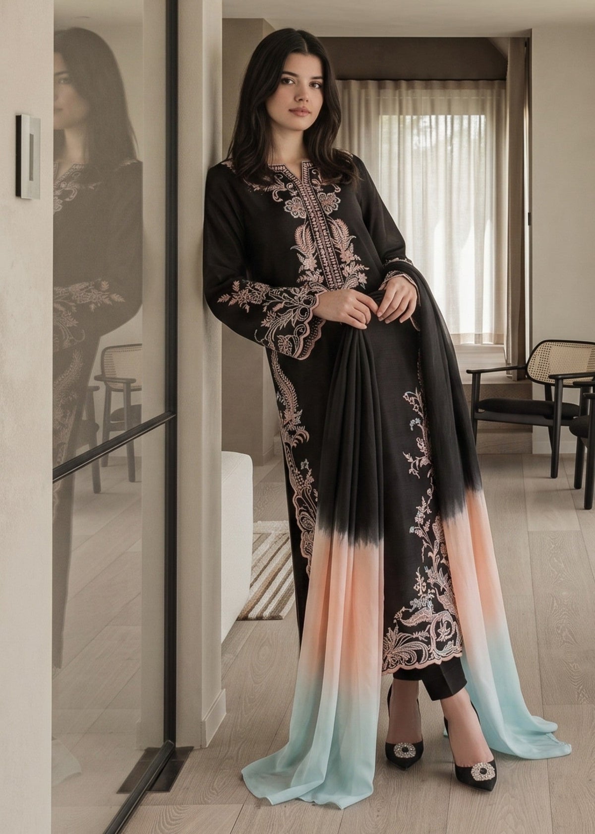 Black Embroidered Lawn Cotton Kurta Set Online in Dubai DXB UAE Abudhabi Meena Bazaar
