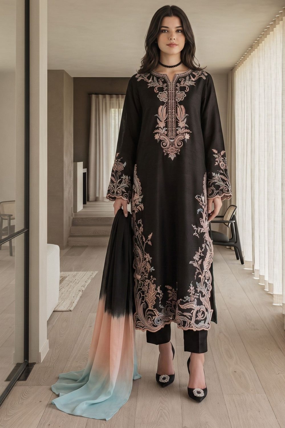Black Embroidered Lawn Cotton Kurta Set Online in Dubai UAE Abudhabi Ajman Sharjah