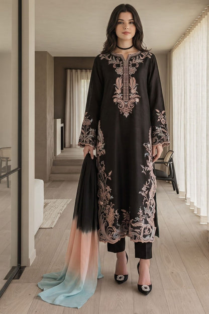 Black Embroidered Lawn Cotton Kurta Set Online in Dubai UAE Abudhabi Ajman Sharjah