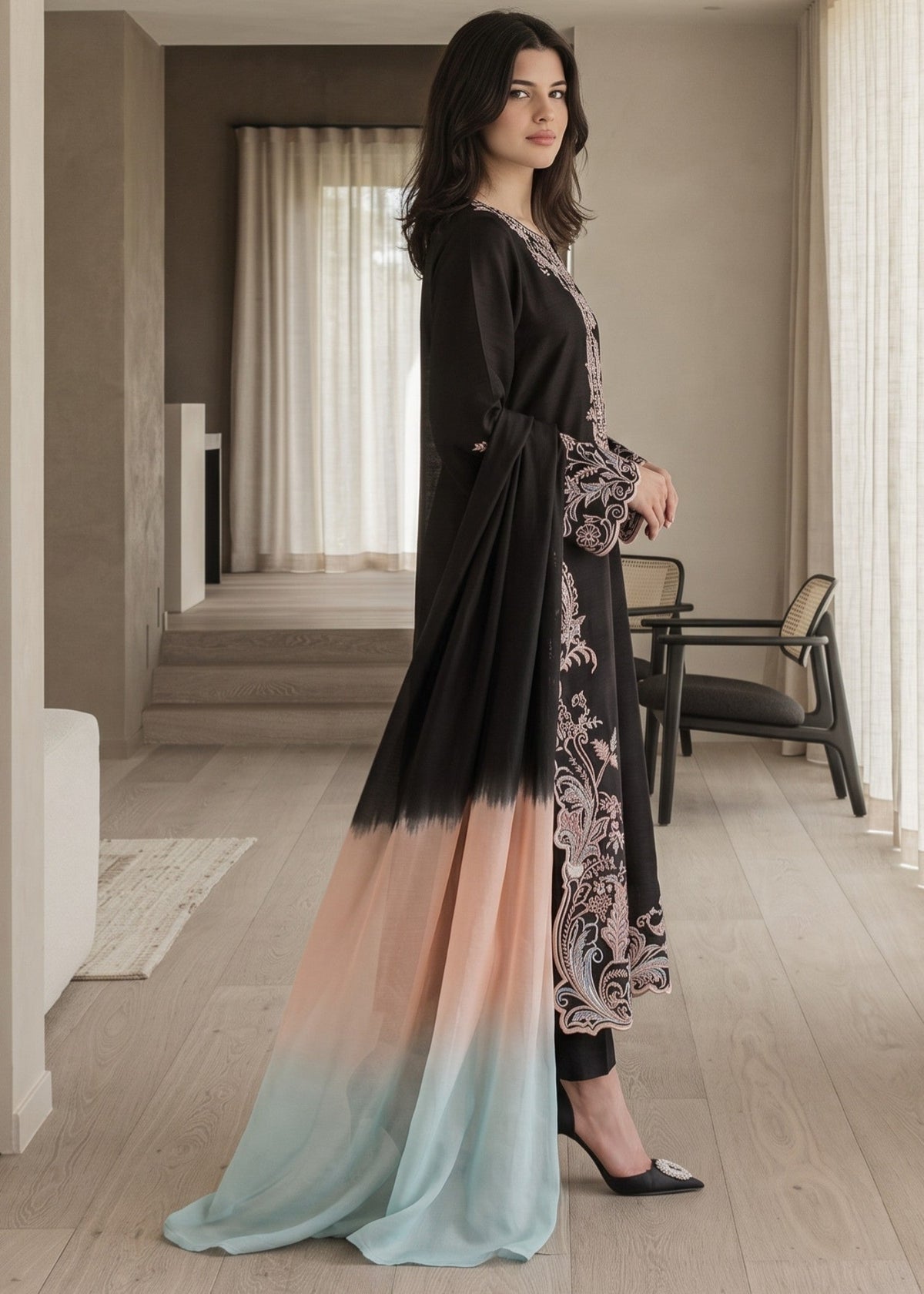 Black Embroidered Lawn Cotton Pakistani Suit Online in Dubai UAE Abudhabi Ajman Sharjah