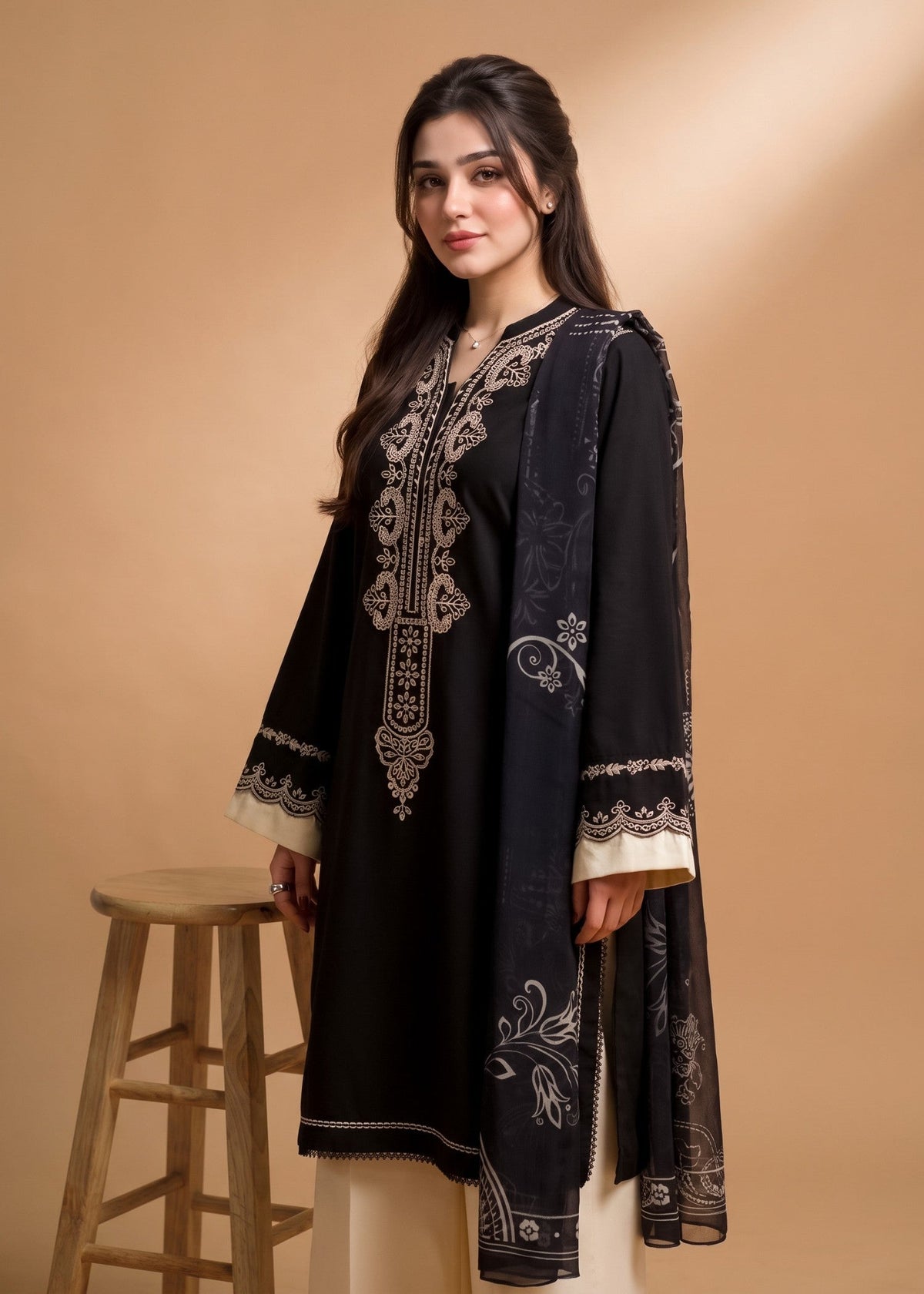 Black Embroidered Linen Daily Wear Suit Online in KSA Riyadh Saudi Arabia Oman Bahrain Qatar