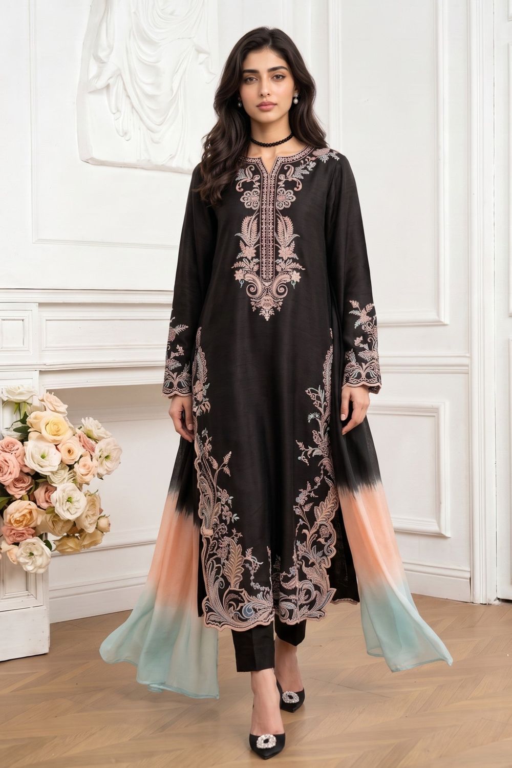 Black Embroidered Linen Pakistani Suit Online in Dubai UAE Abudhabi Ajman Sharjah