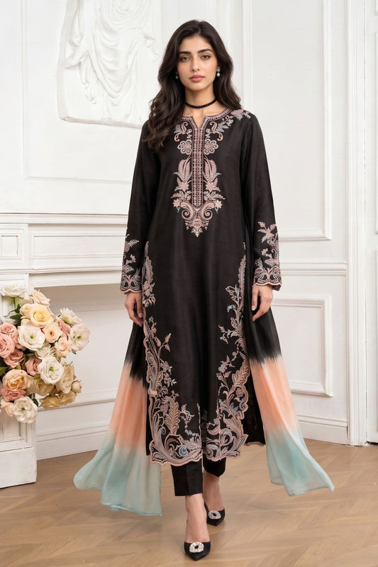 Black Embroidered Linen Pakistani Suit Online in Dubai UAE Abudhabi Ajman Sharjah