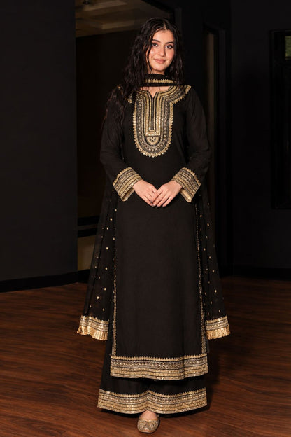 Black Embroidered Raw Silk Pakistani Suit Online in Dubai UAE Abudhabi Ajman Sharjah