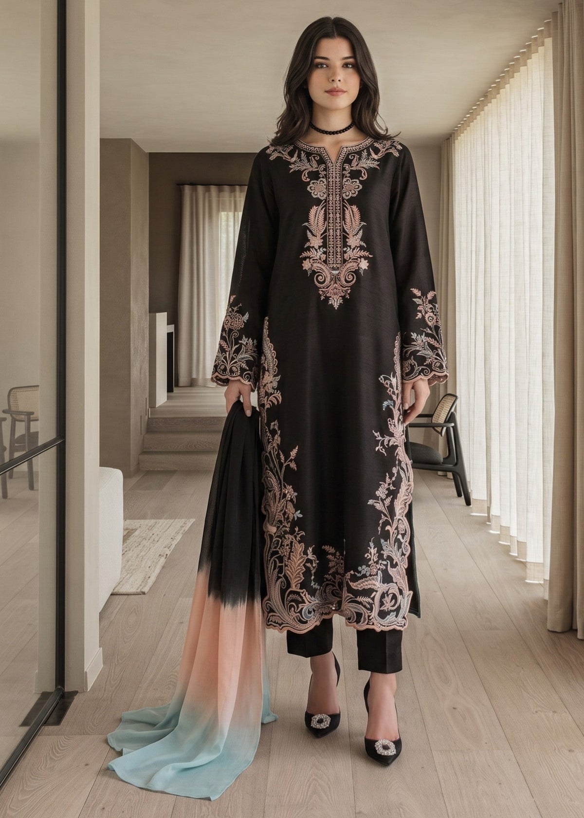 Black Lawn Cotton Embroidered Salwar Kameez Online in UK USA Canada