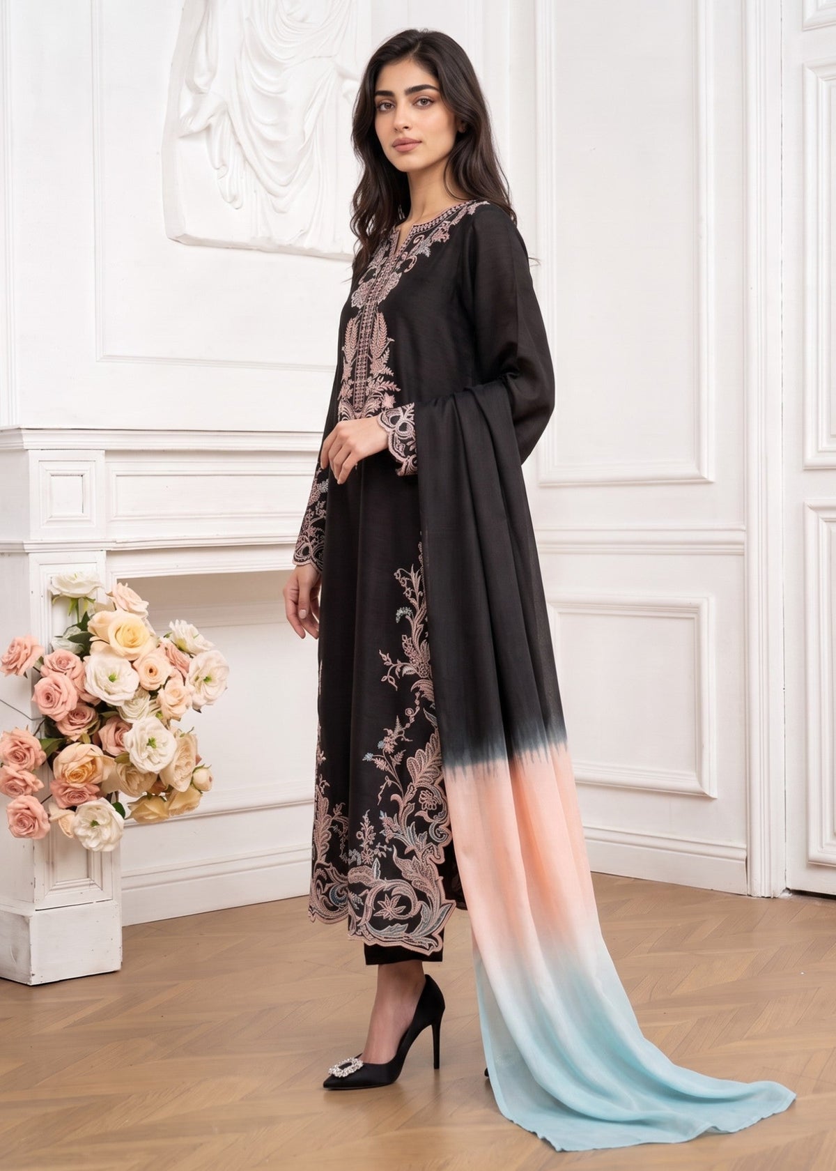 Black Long Kurta with Straight Trouser Pakistani Clothes Online in Dubai UAE Abudhabi Ajman Sharjah