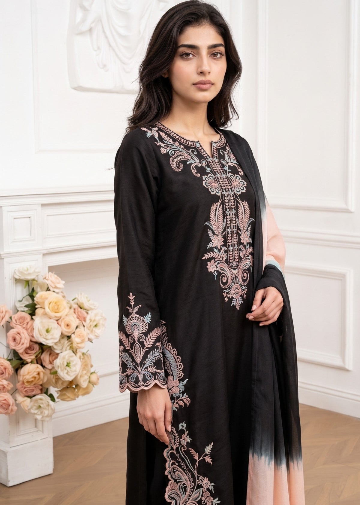 Chaudhary Arts Black Embroidered Linen Suit Online in Dubai DXB UAE Abudhabi Meena Bazaar