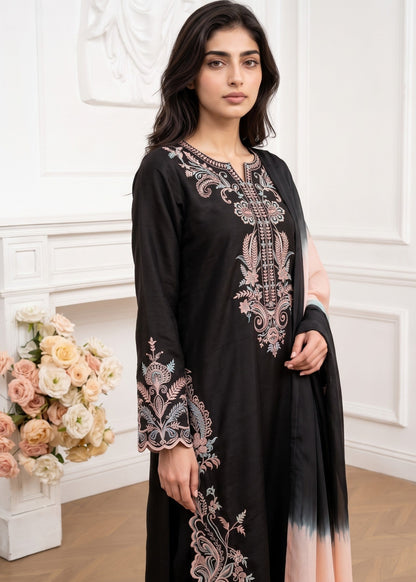 Chaudhary Arts Black Embroidered Linen Suit Online in Dubai DXB UAE Abudhabi Meena Bazaar