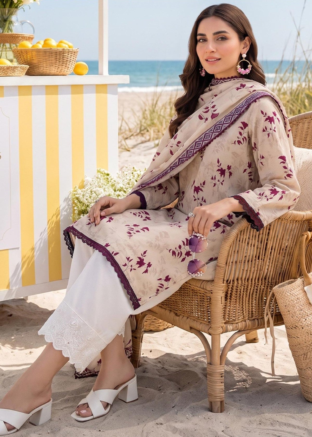 Cream Embroidered Lawn Kurta Set Online in UK USA Canada