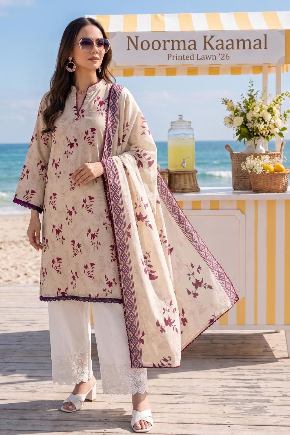 Cream Embroidered Lawn Pakistani Suit Online in Dubai UAE Abudhabi Ajman Sharjah