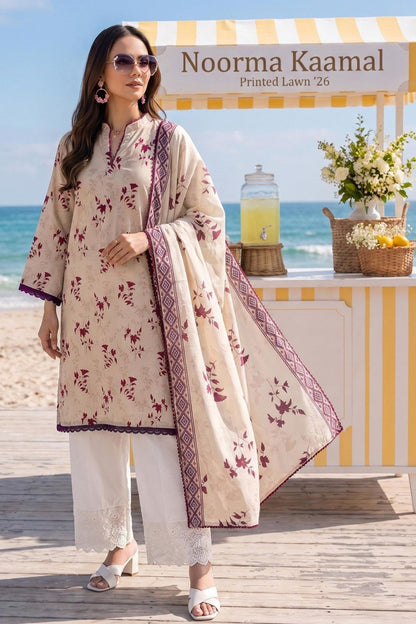 Cream Embroidered Lawn Pakistani Suit Online in Dubai UAE Abudhabi Ajman Sharjah