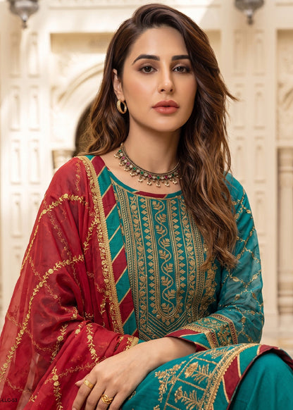 Designer Teal Chiffon Salwar Kameez Online in KSA Riyadh Saudi Arabia Oman Bahrain Qatar