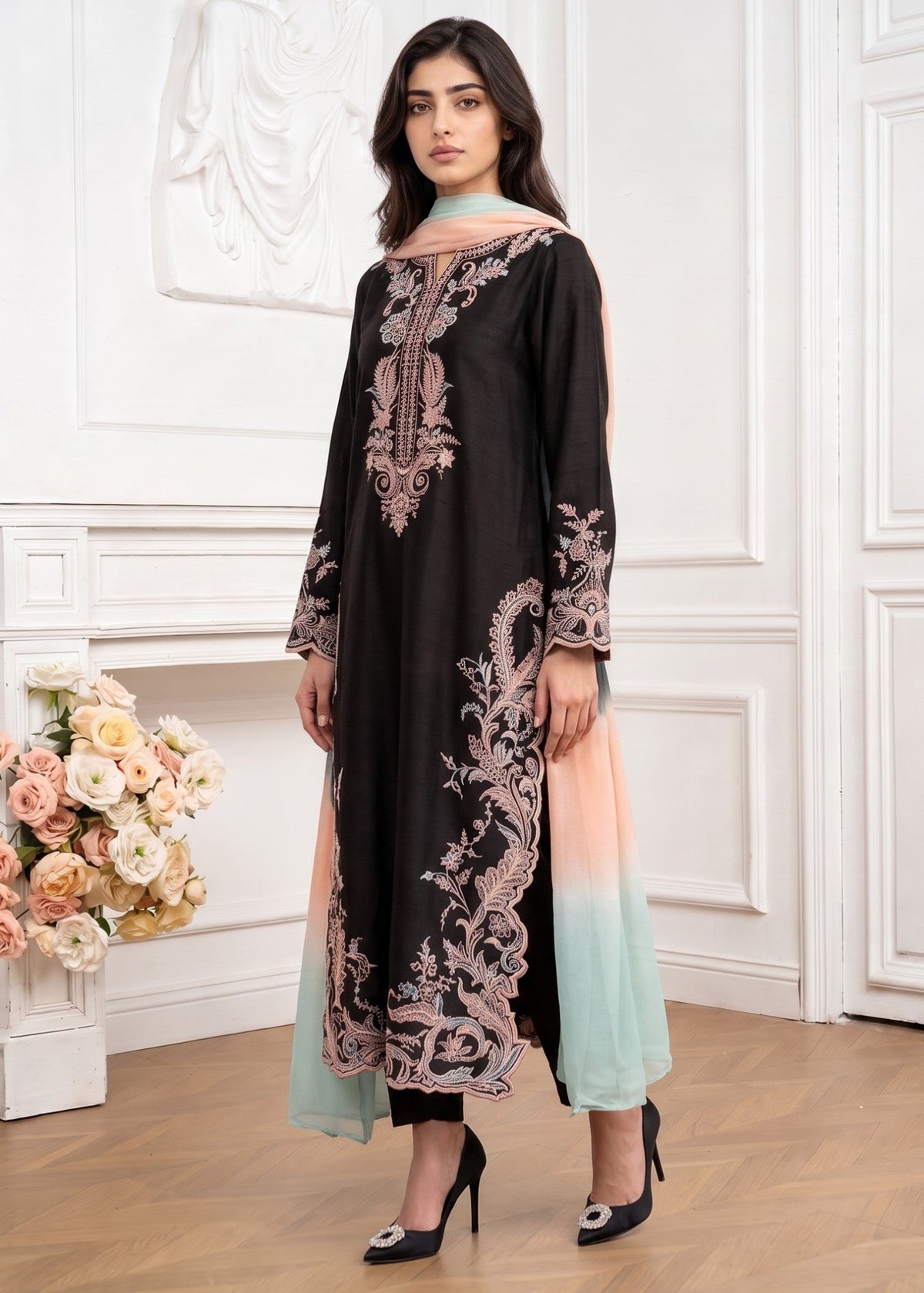 Embroidered Black Linen Daily Wear Suit Online in KSA Riyadh Saudi Arabia Oman Bahrain Qatar