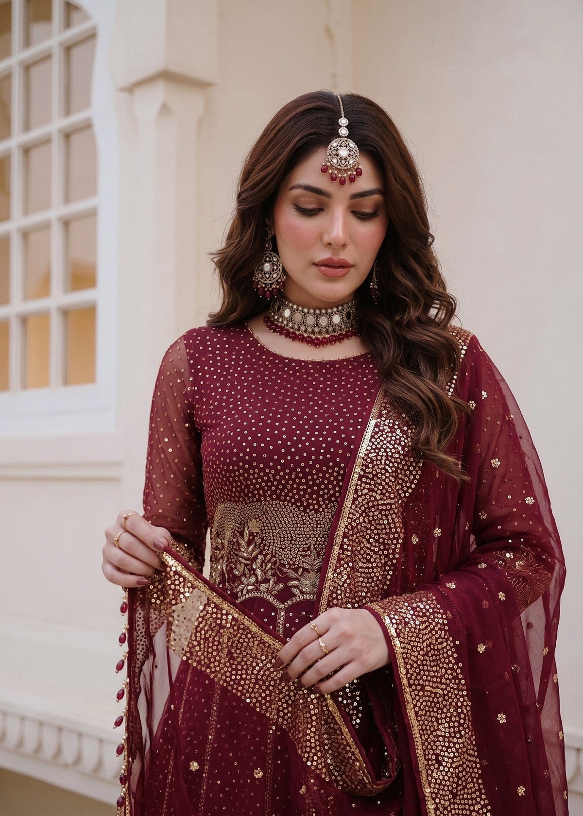 Festive Maroon Embroidered Chiffon Suit Online in Dubai DXB UAE Abudhabi Meena Bazaar