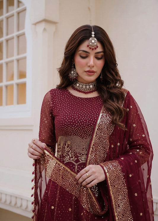 Festive Maroon Embroidered Chiffon Suit Online in Dubai DXB UAE Abudhabi Meena Bazaar