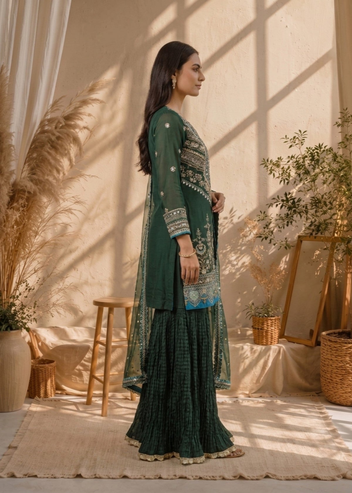 Festive Party Wear Green Organza Gharara Online in Sri Lanka India Australia