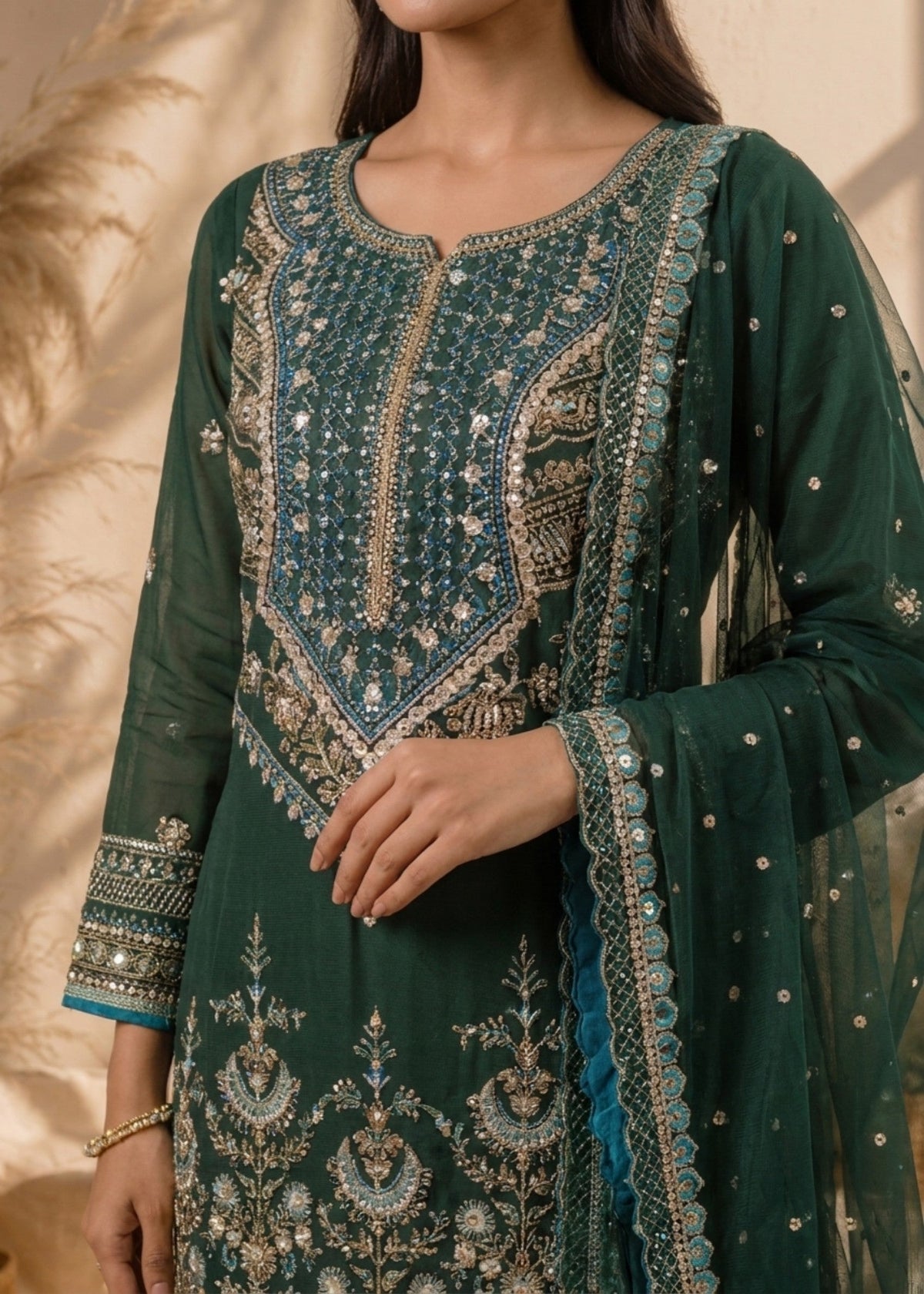 Green Embroidered Organza Gharara Online in Dubai DXB UAE Abudhabi Meena Bazaar