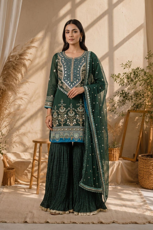 Green Embroidered Organza Gharara Online in Dubai UAE Abudhabi Ajman Sharjah