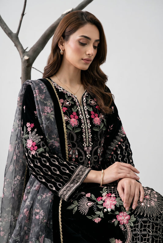 Ladies Black Velvet Salwar Kameez with Pearl Work Online in KSA Riyadh Saudi Arabia Oman Bahrain Qatar