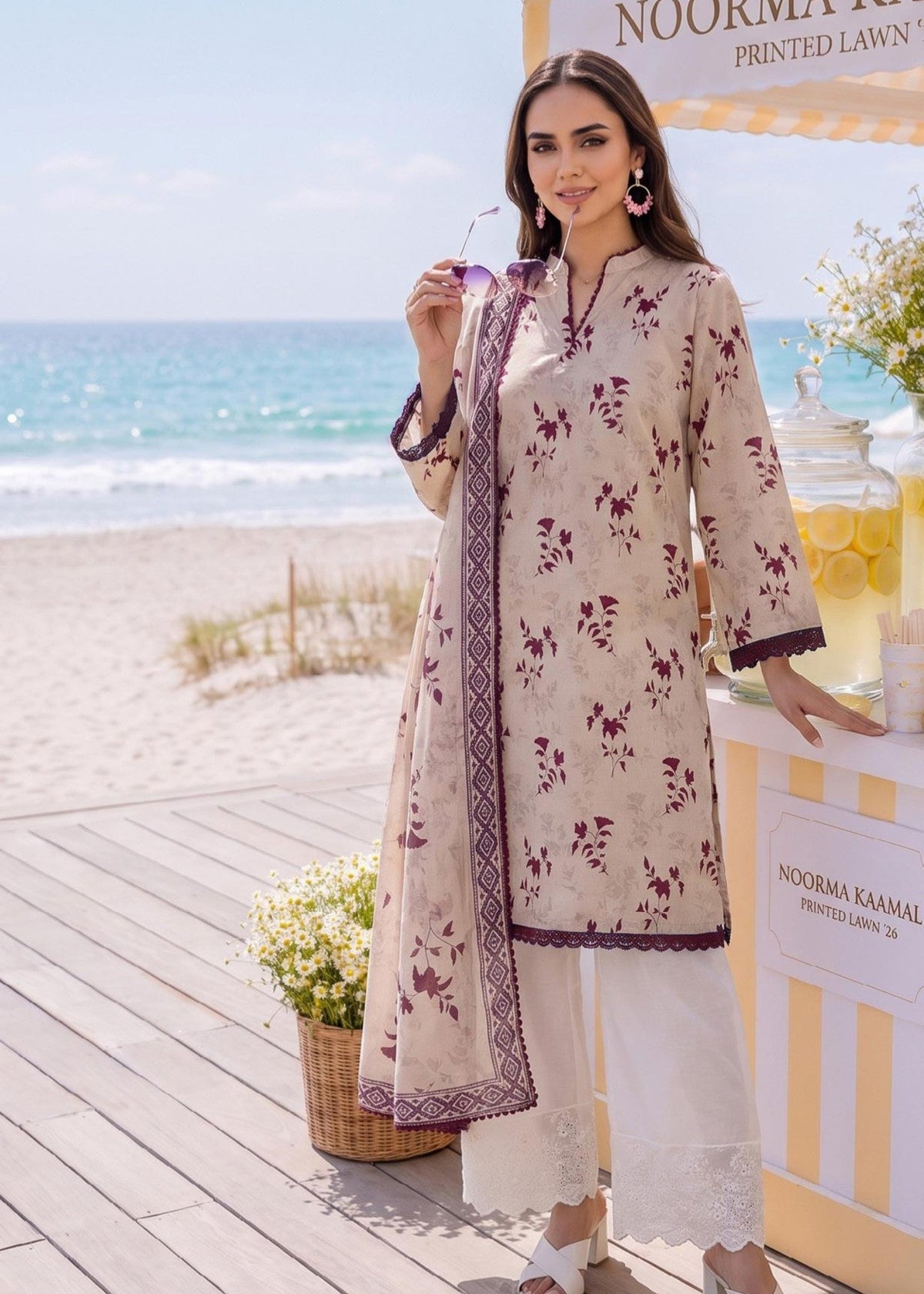 Ladies Cream Lawn Salwar Kameez Online in KSA Riyadh Saudi Arabia Oman Bahrain Qatar