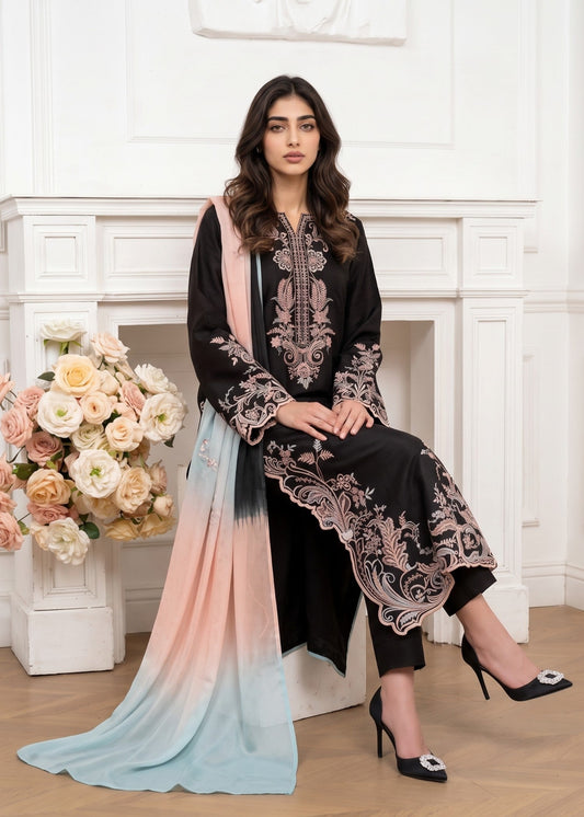 Ladies Embroidered Black Linen Kurta Set Online in UK USA Canada