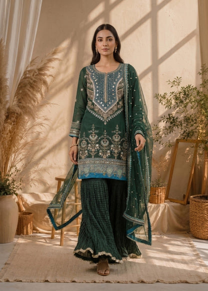 Ladies Embroidered Green Gharara Online in UK USA Canada