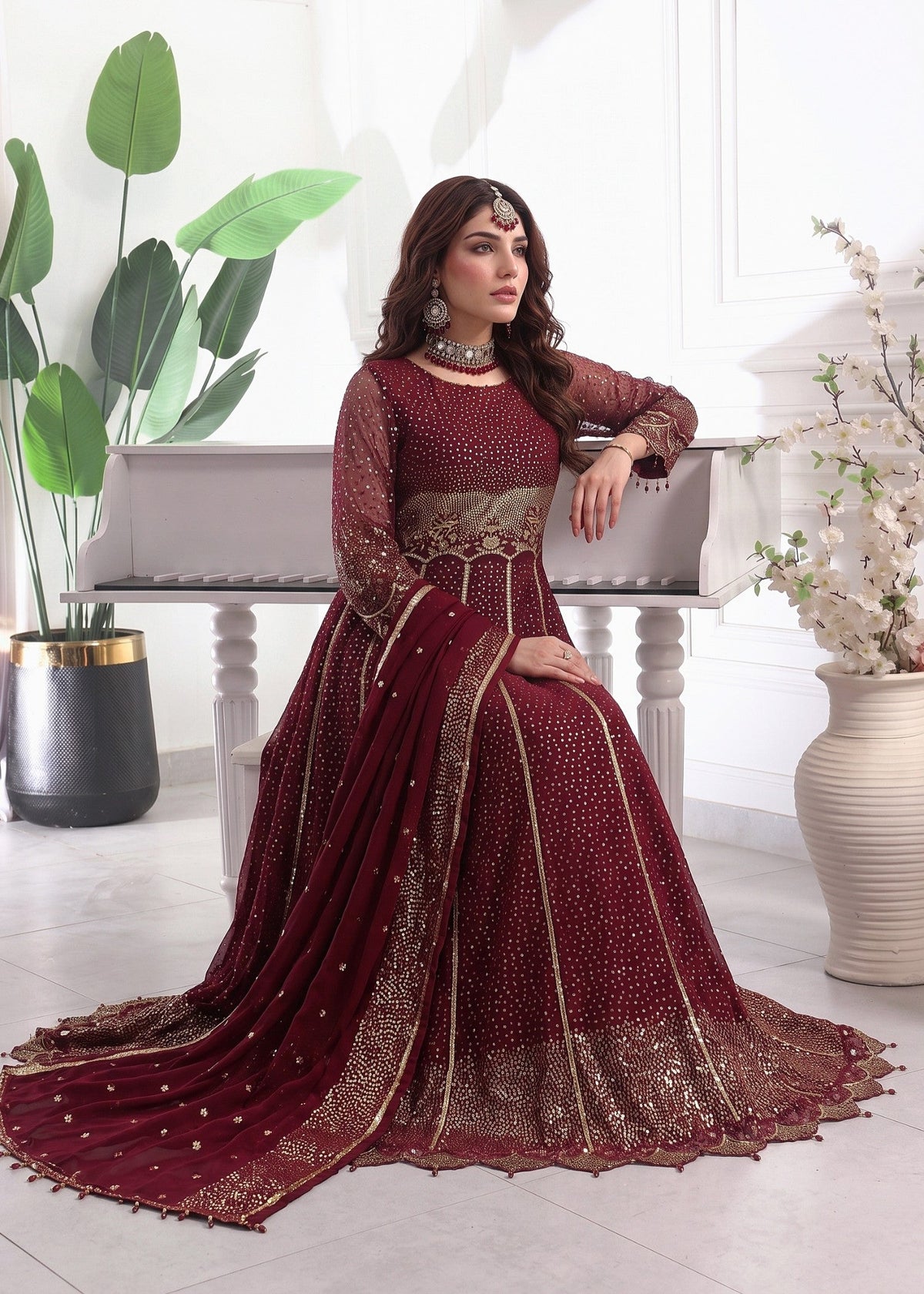 Ladies Embroidered Maroon Shalwar Kameez Online in UK USA Canada