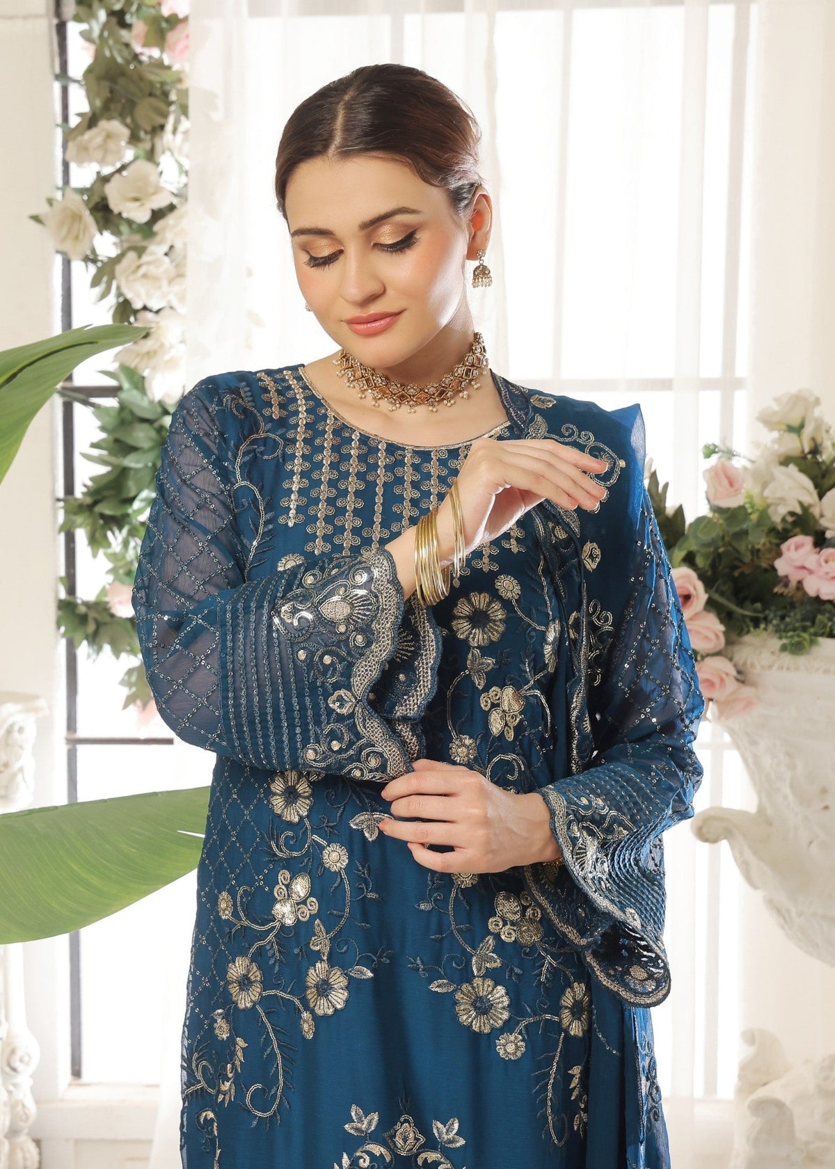 Ladies Embroidered Teal Chiffon Shalwar Kameez Online in UK USA Canada