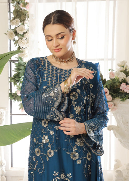 Ladies Embroidered Teal Chiffon Shalwar Kameez Online in UK USA Canada