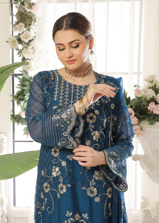 Ladies Embroidered Teal Chiffon Shalwar Kameez Online in UK USA Canada