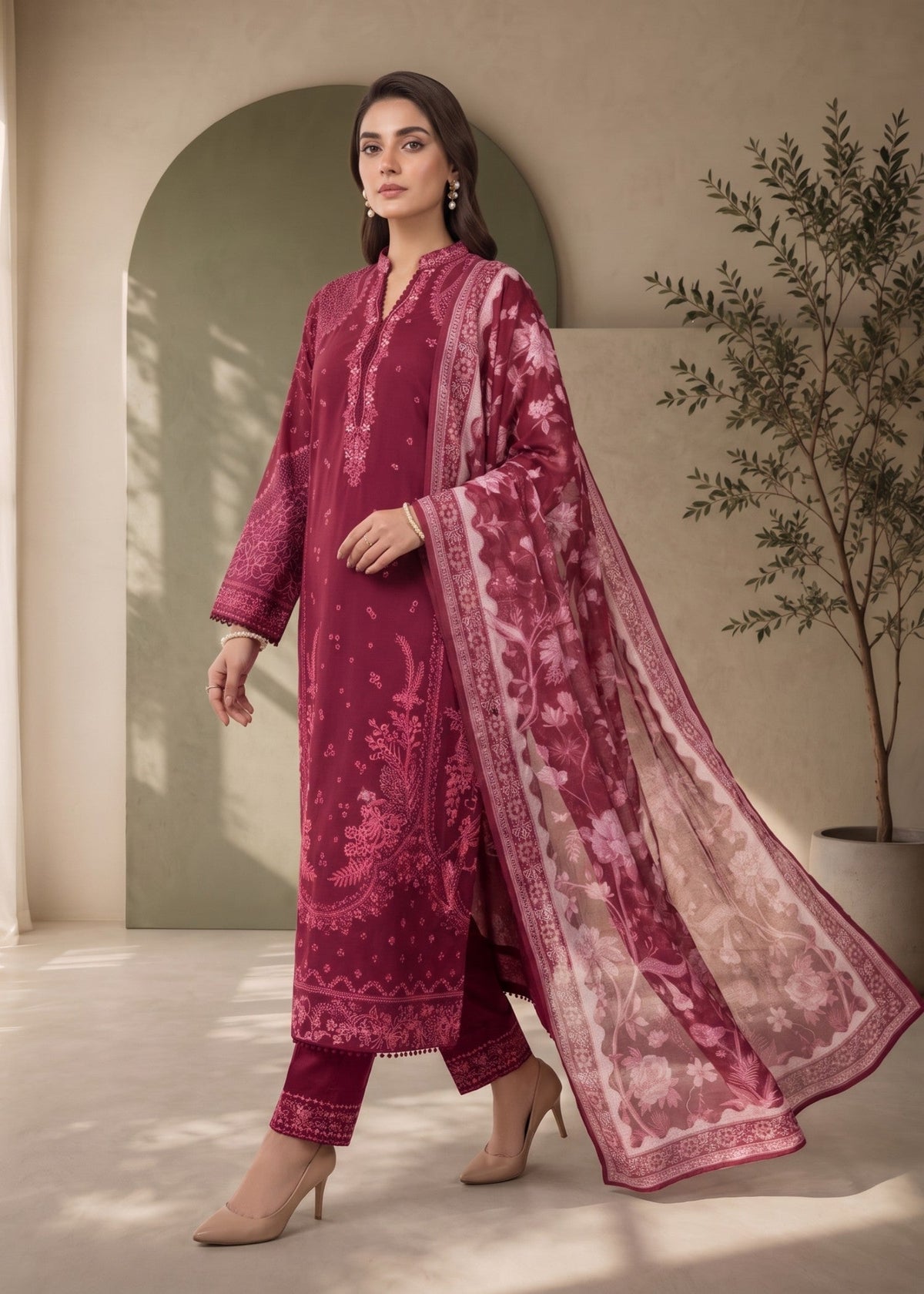 Ladies Maroon Embroidered Lawn Shalwar Kameez Online in UK USA Canada