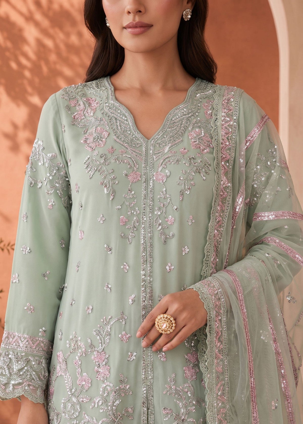 Ladies Mint Green Chiffon Salwar Kameez Online in KSA Riyadh Saudi Arabia Oman Bahrain Qatar