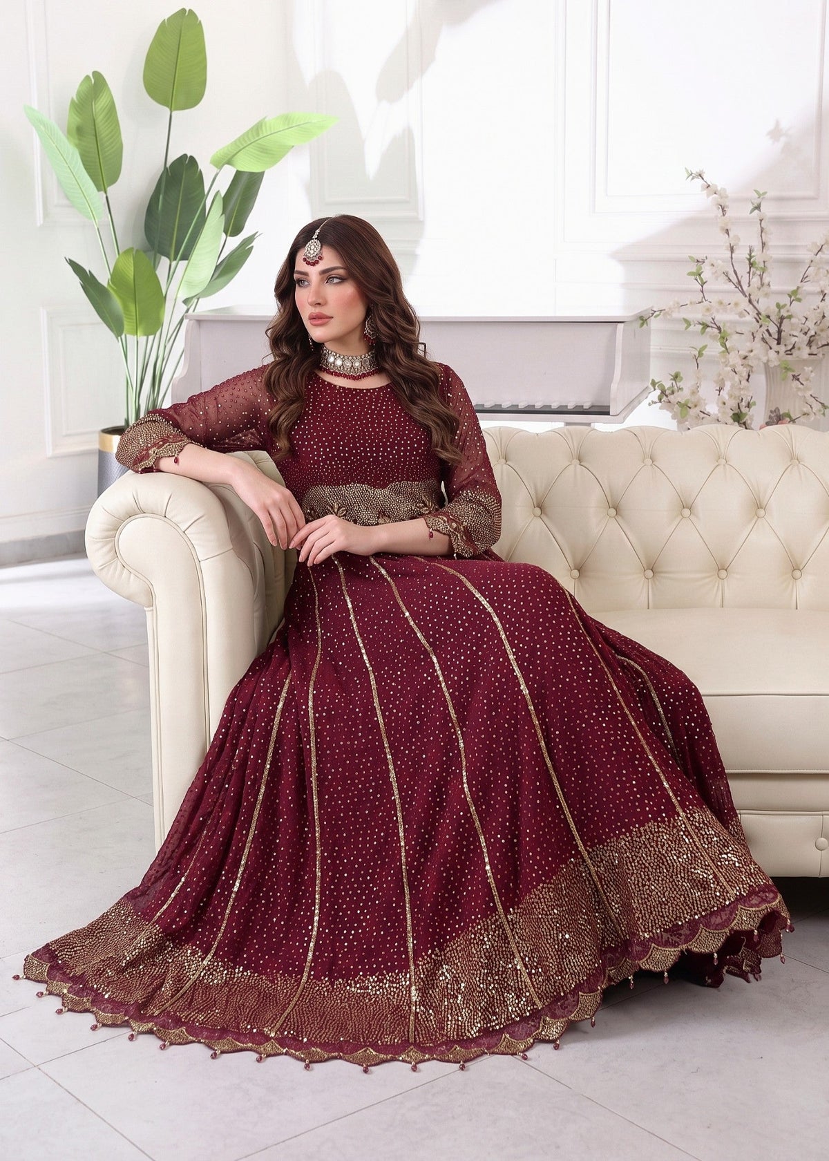 Maroon Chiffon Pakistani Suit Online in Dubai UAE Abudhabi Ajman Sharjah