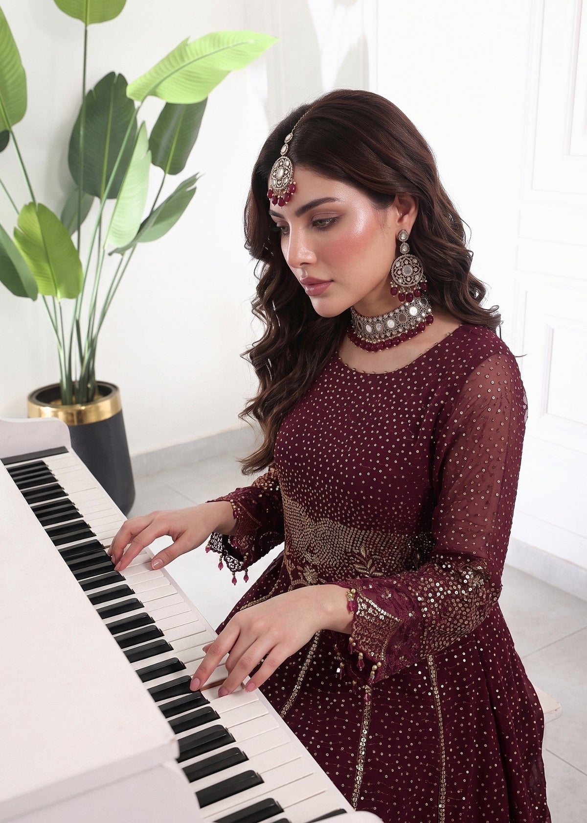 Maroon Chiffon Pishwas Online in KSA Riyadh Saudi Arabia Oman Bahrain Qatar