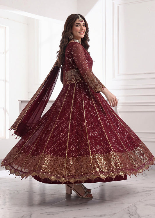 Maroon Chiffon Pishwas with Dupatta Online in Sri Lanka India Australia